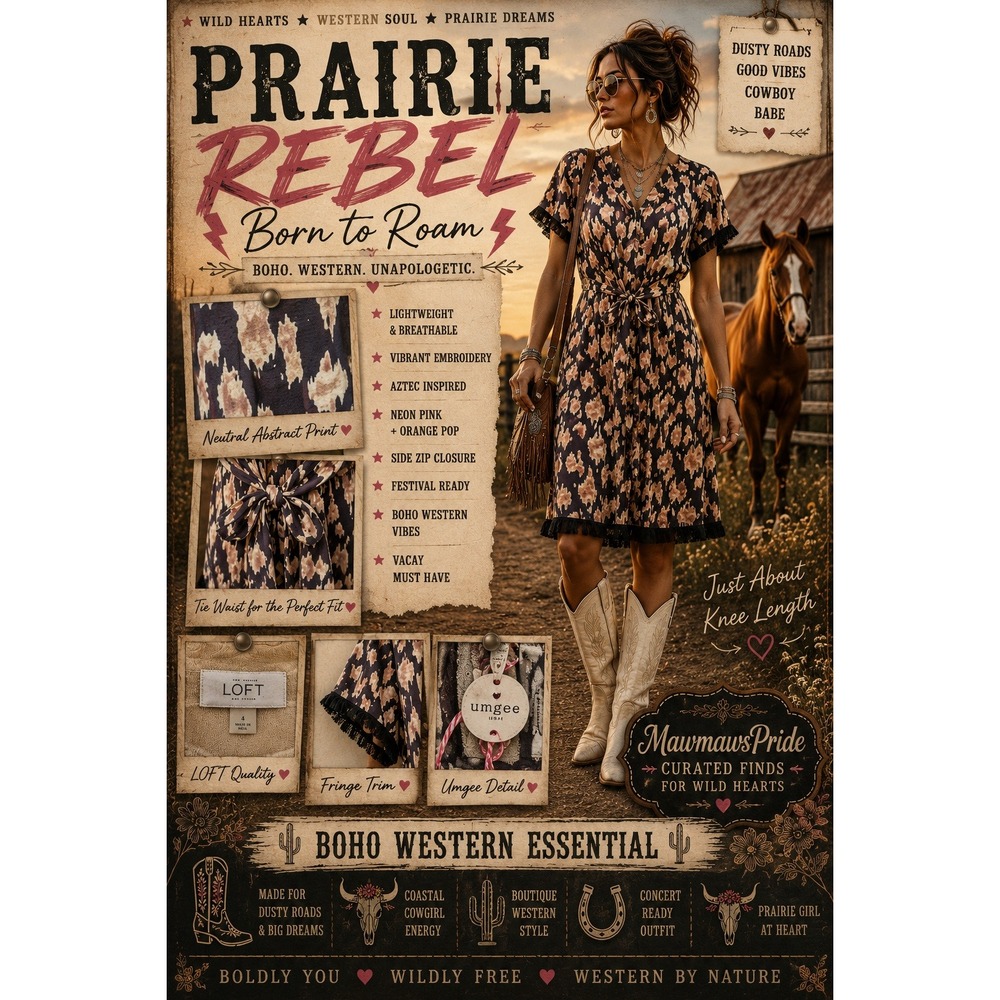 Umgee Prairie Rebel Boho Western Fringe Tie Waist Dress‎ Babydoll Cowboy Chic S